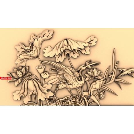 Birds and Lotuses Panel - 3D STL model for CNC