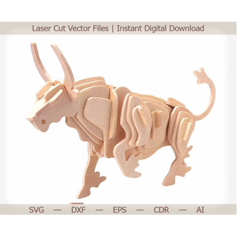 Bull Laser Cut File for 3D Wooden Animal Project