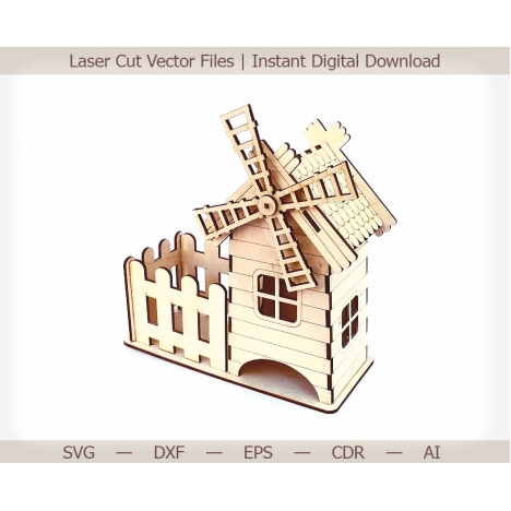 Windmill House Laser Cut File with Yard