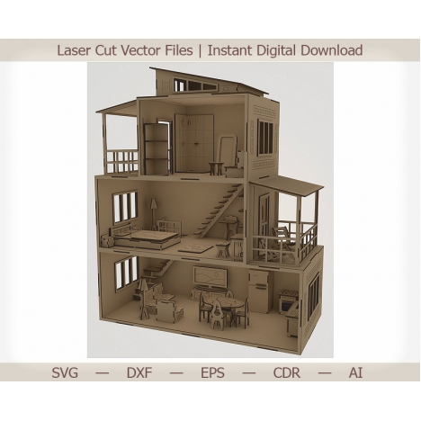 3D Dollhouse with Furniture Laser Cut File