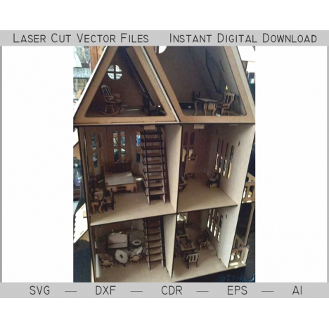 Dollhouse with Furniture Laser Cut File