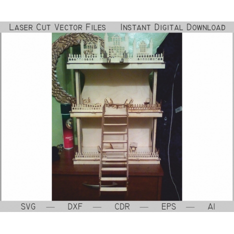 Laser Cut Dollhouse with Stairs Vector File