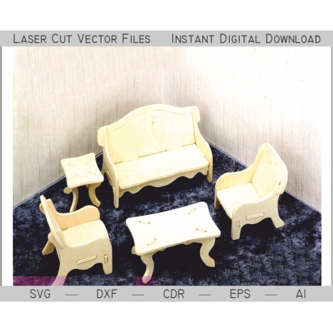 Toy Furniture Laser Cut File – Sofa, Armchairs and Table