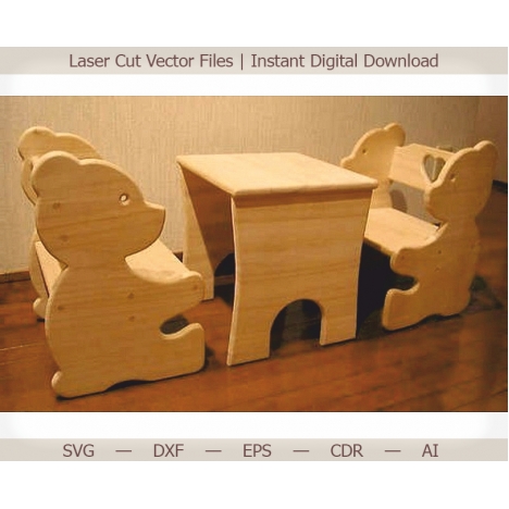Bear Kids Table and Chairs Laser Cut File