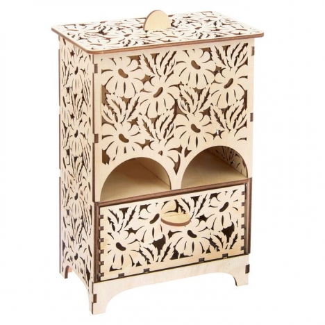 Laser Cut Tea Box with Drawer and Floral Pattern