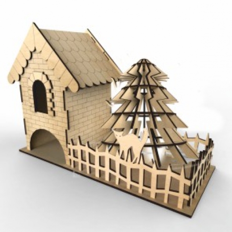 Tea House Laser Cut File with Trees and Fence