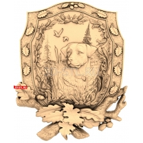 A panel with a dog in the forest