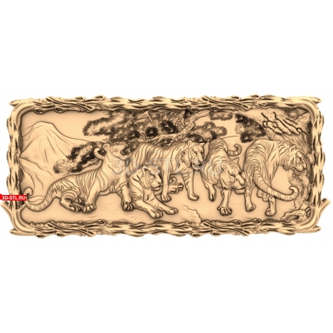 Tigers under a pine tree near a mountain | STL - 3D model for CNC