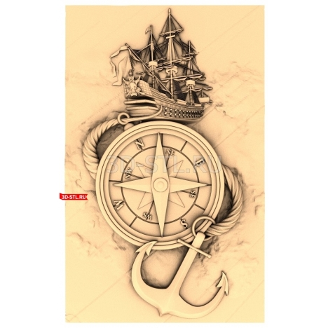 Compass and Ship | STL - 3D model for CNC